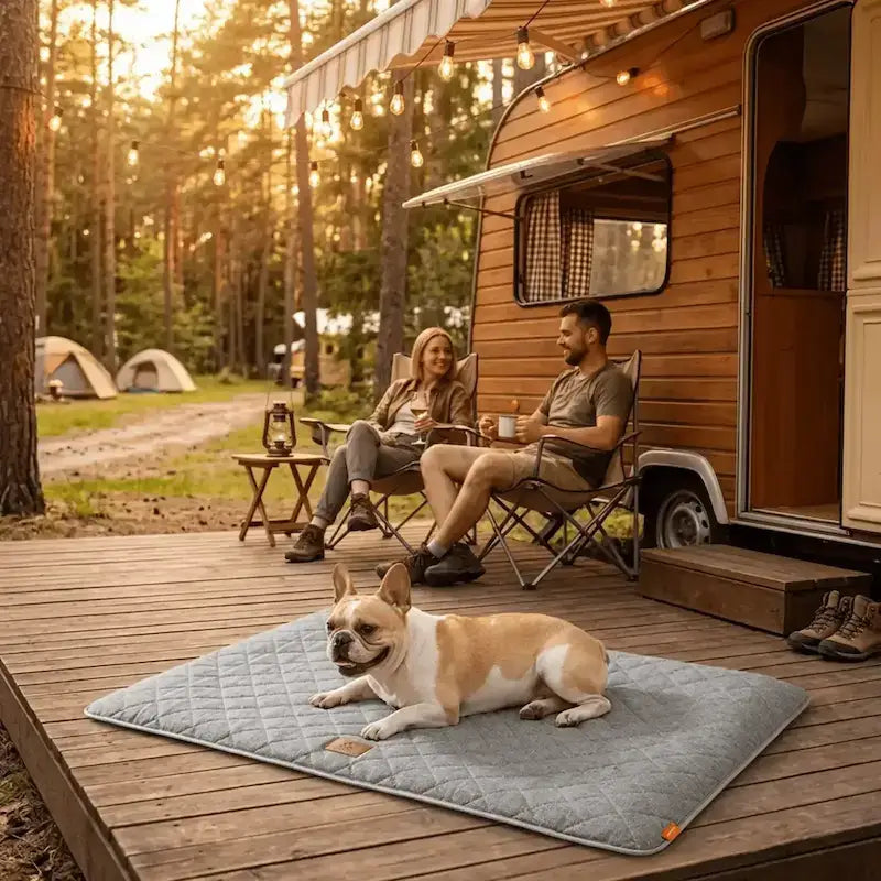 Un couple assis sur leur terrasse en camping avec leur bouledogue français allongé sur un tapis pour chien.