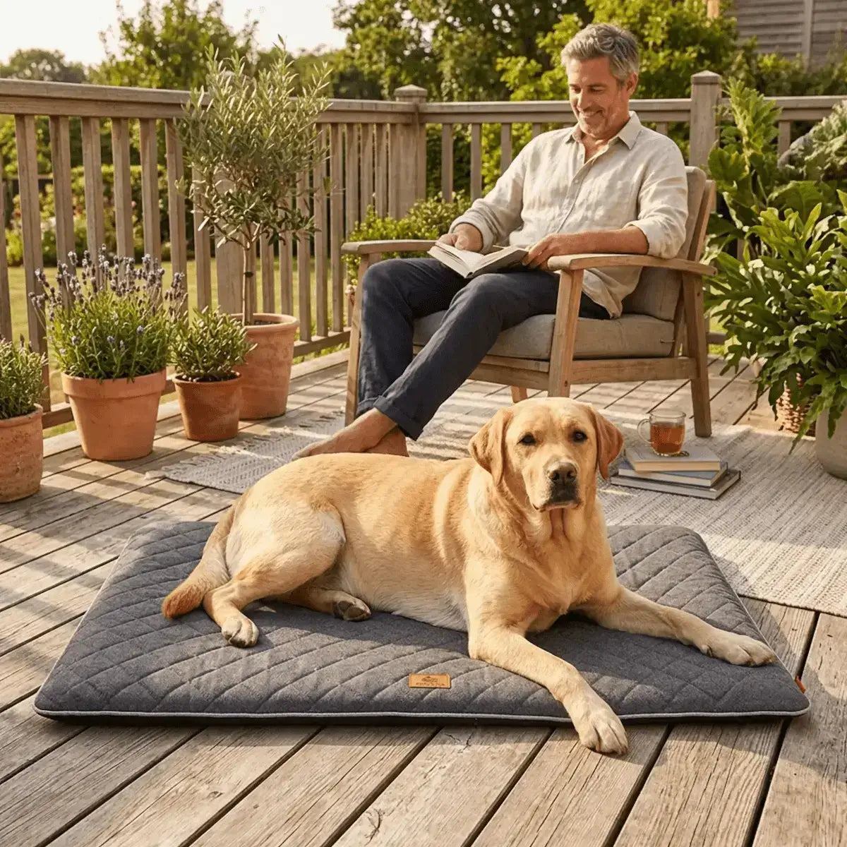 Un homme lit un livre sur une terrasse avec son labrador allongé sur un tapis pour chien à ses pieds.