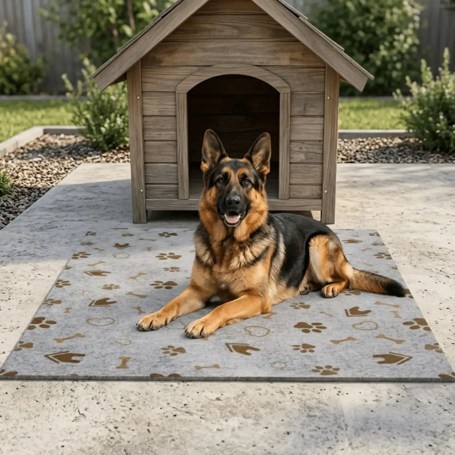 Un berger allemand est allongé sur son tapis pour chien devant sa niche.