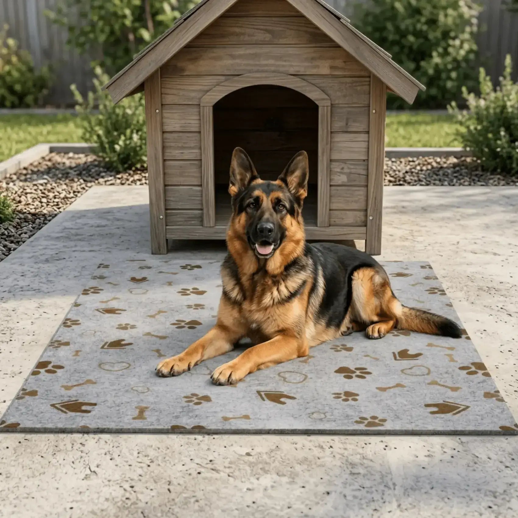 Un berger allemand est allongé sur son tapis pour chien devant sa niche.