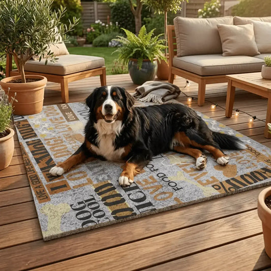 Un bouvier bernois est allongé sur son tapis pour chien sur une terrasse.