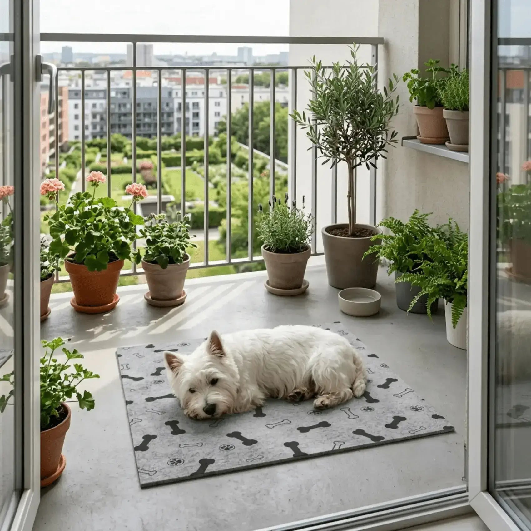 Un west highland est allongé sur un balcon avec son tapis pour chien.