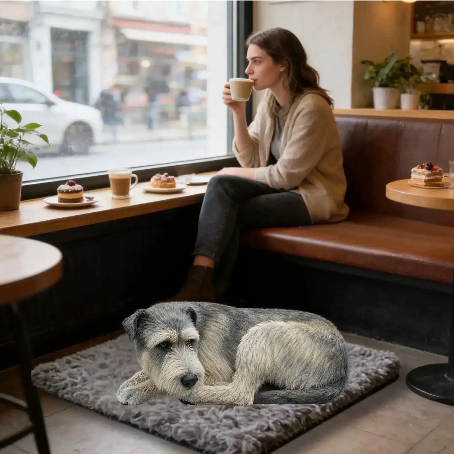 Une femme qui prend un café avec son wolfound allongé à ses pieds sur un tapis pour chien XXL.