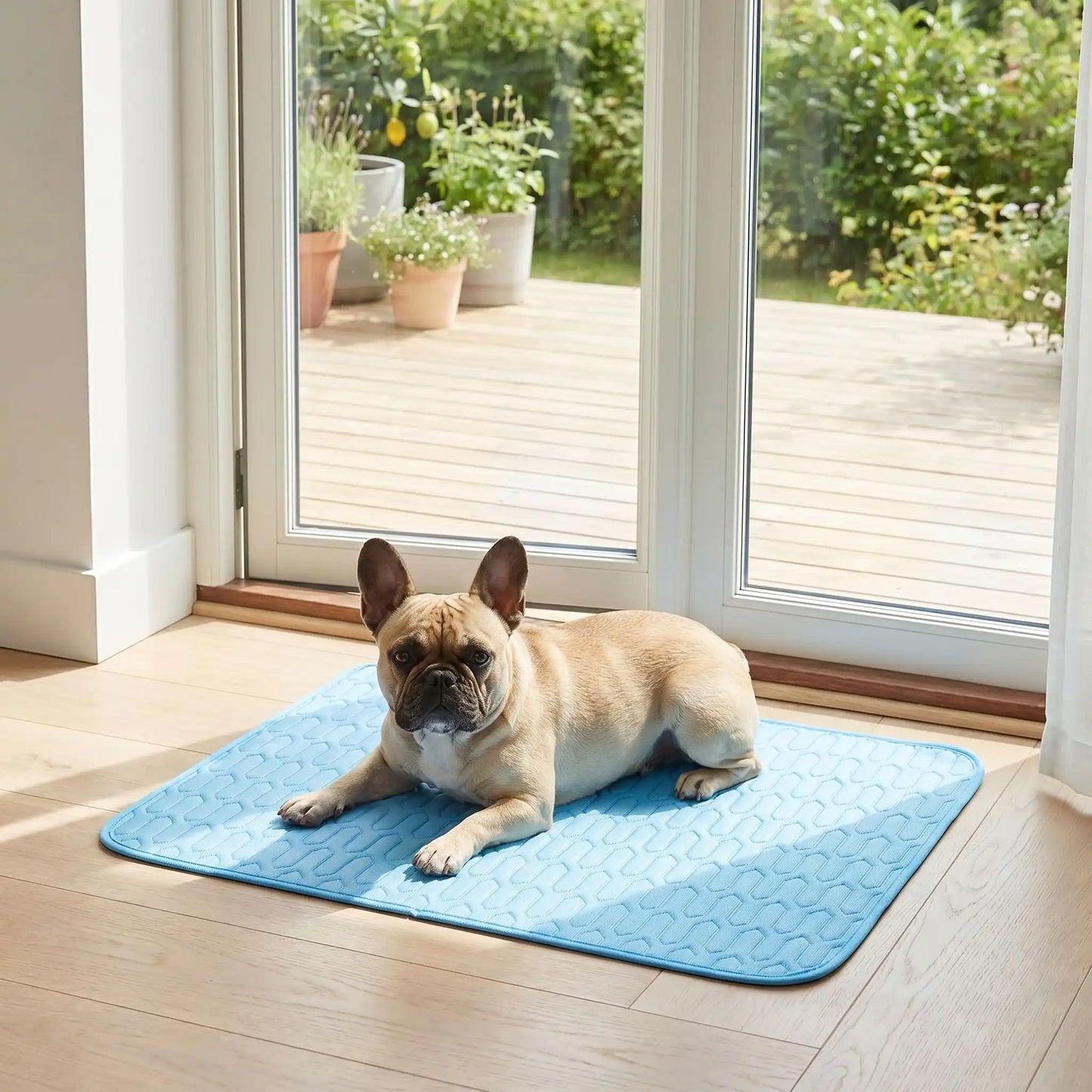 Un bouledogue français devant une porte-fenêtre est allongé sur son tapis rafraichissant pour chien bleu.
