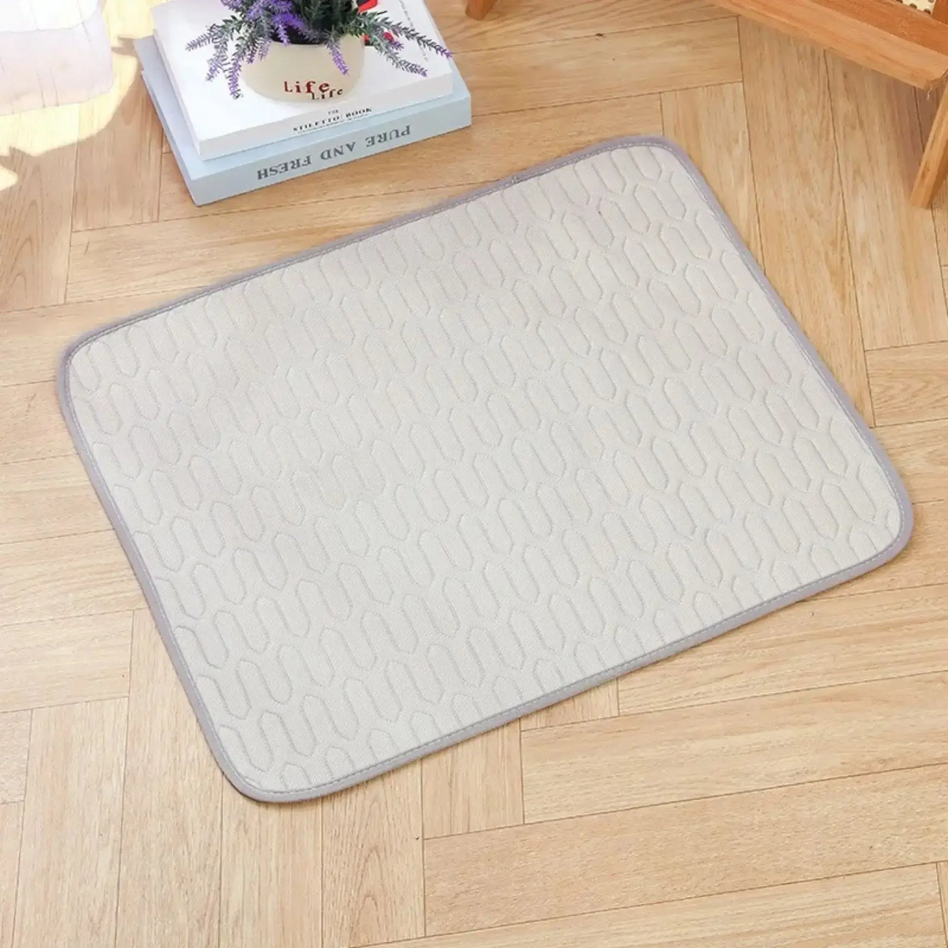 Un tapis rafraichissant pour chien au sol de couleur beige.