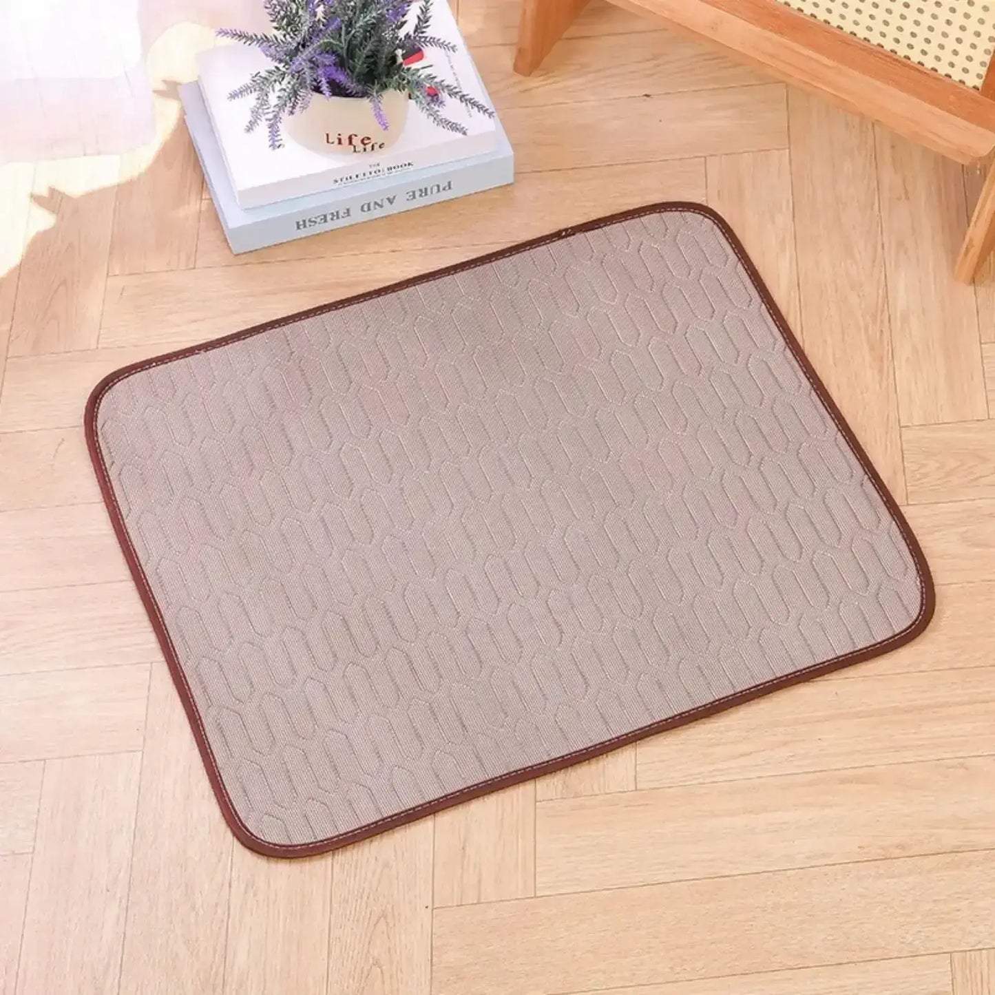 Un tapis rafraichissant pour chien au sol de couleur marron.