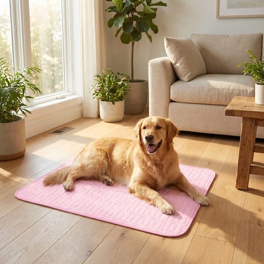 Un golden retriever dans un salon près d'une fenêtre est allongé sur un tapis rafraichissant pour chien rose.