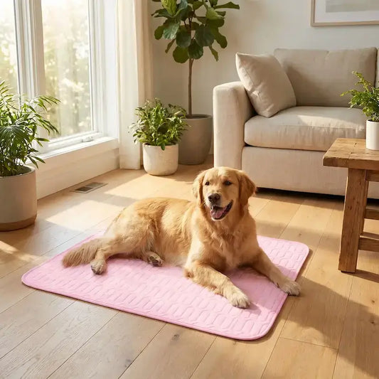 Un golden retriever dans un salon près d'une fenêtre est allongé sur un tapis rafraichissant rose.