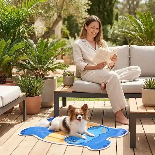 Une femme lit un livre sur une terrasse avec son chihuahua papillon allongé sur un tapis rafraichissant pour chien.