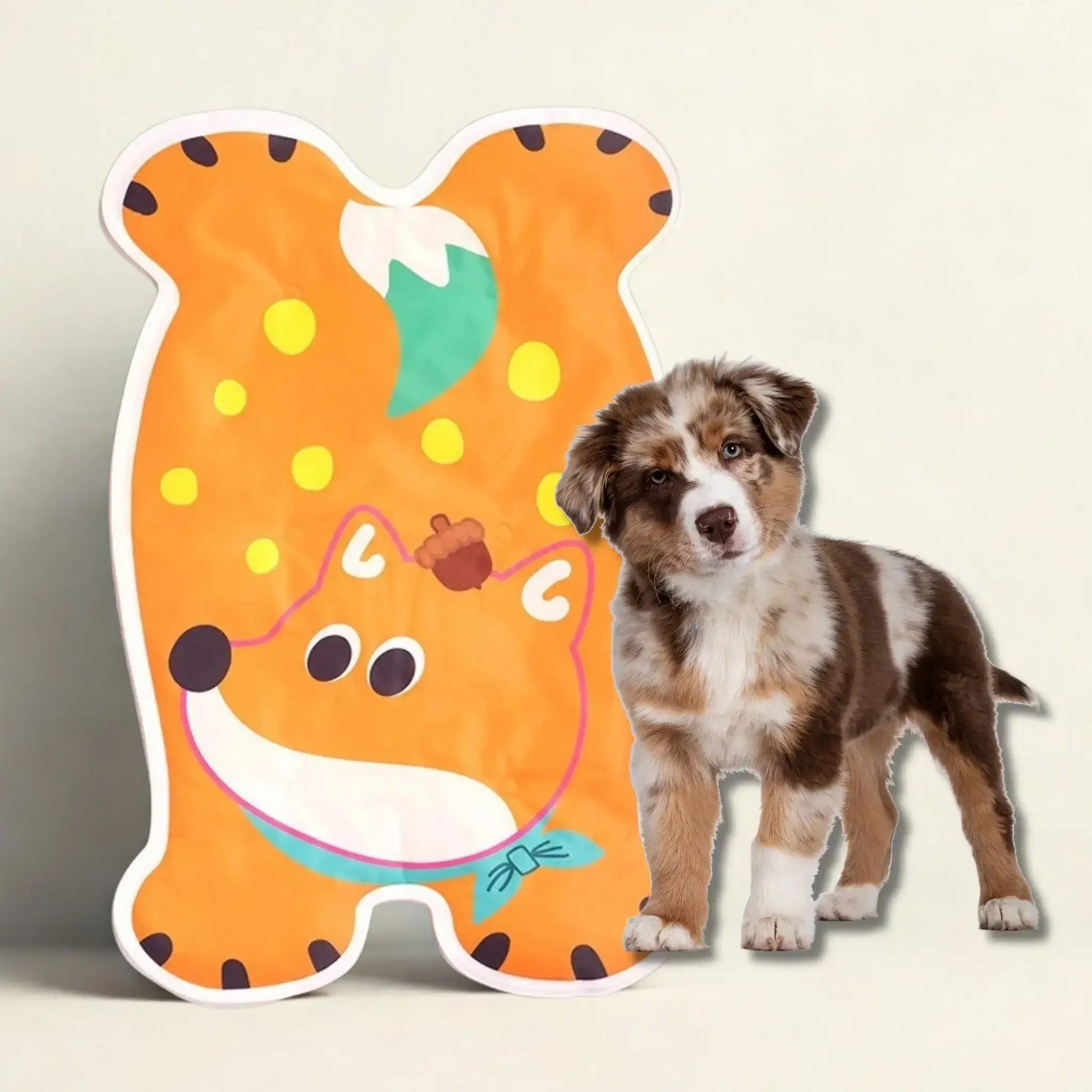Un chiot berger australien avec un tapis rafraichissant pour chien de couleur orange avec motif de renard.