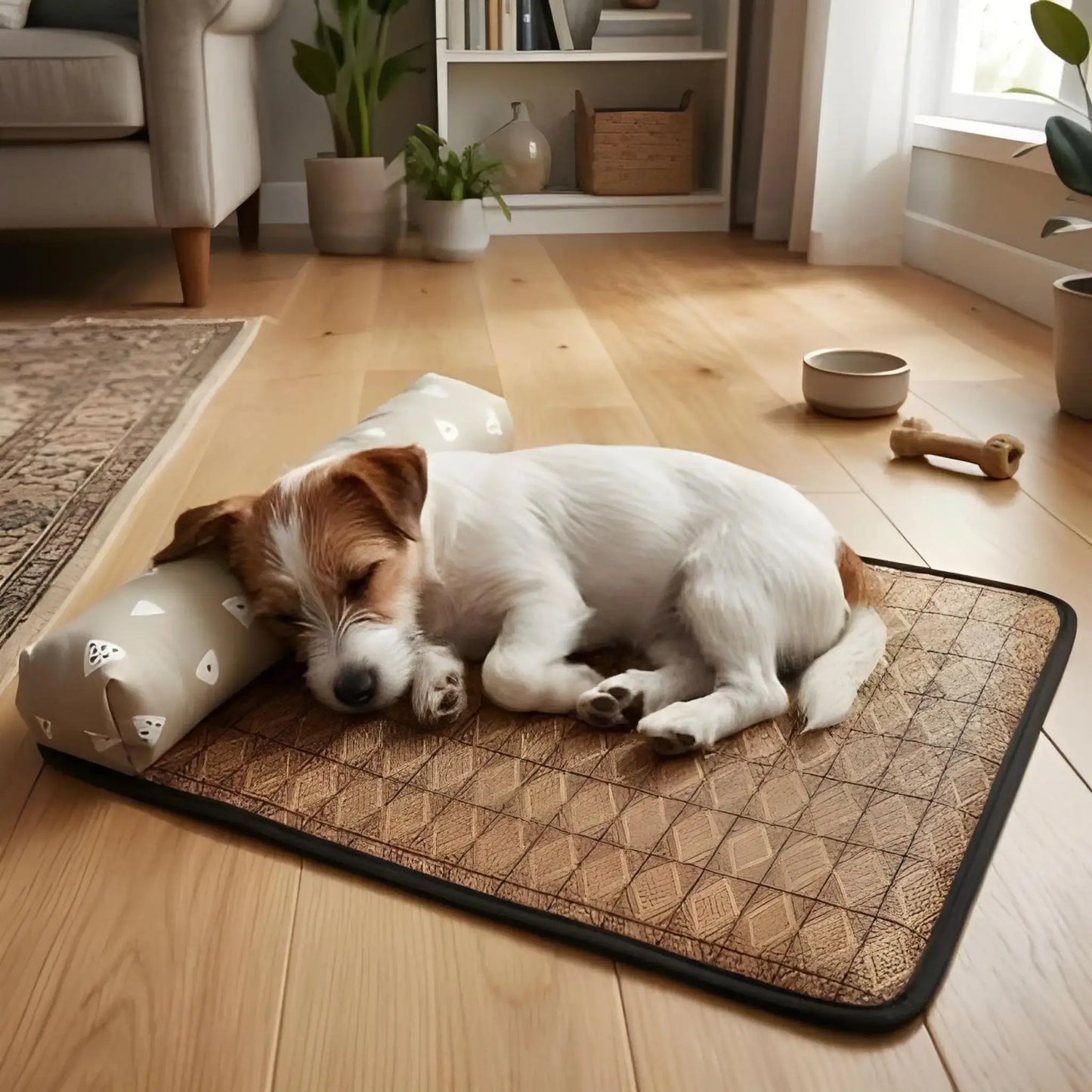 Un jack russell dans un salon est allongé sur un tapis rafraichissant pour chien.