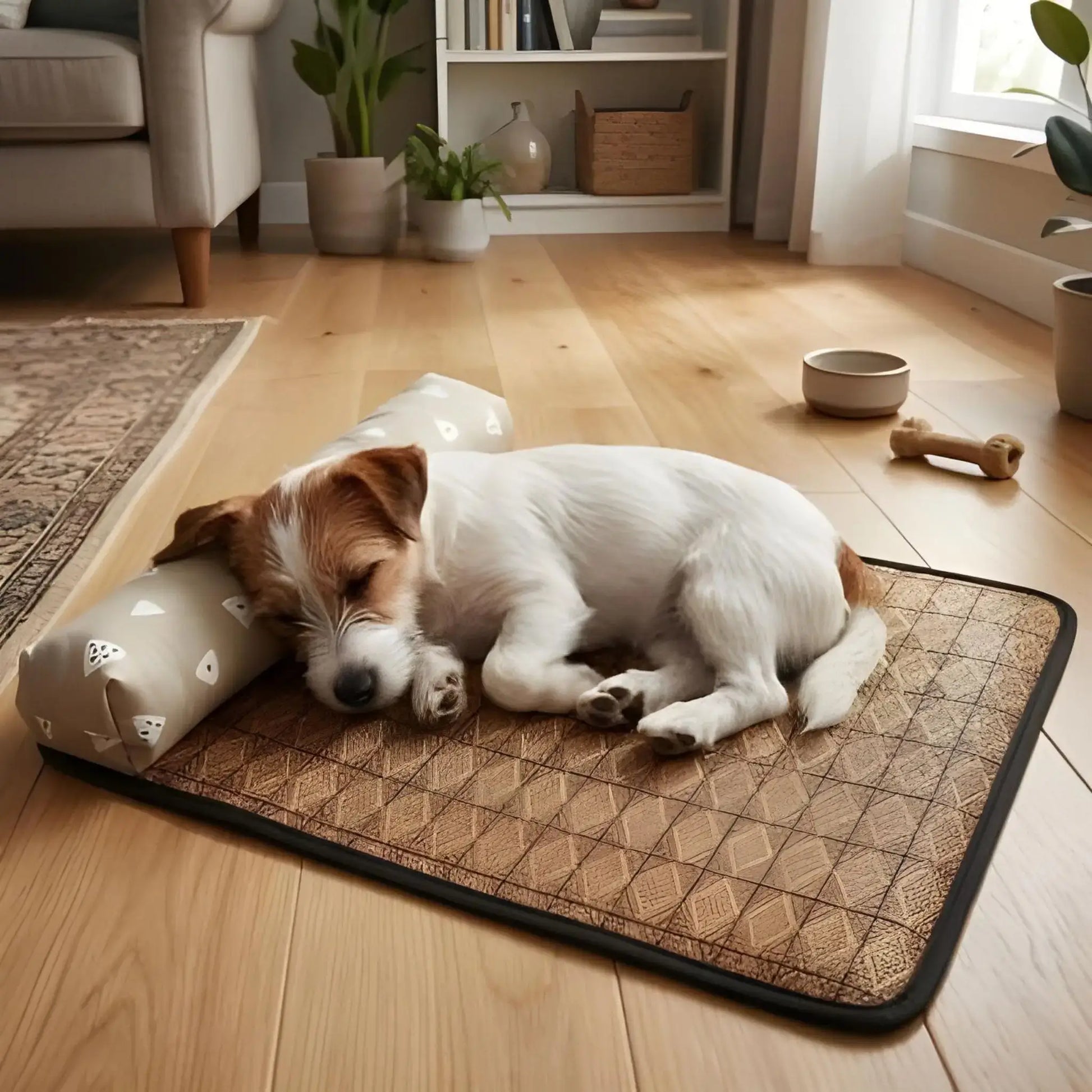 Un jack russell dans un salon est allongé sur un tapis rafraichissant pour chien.