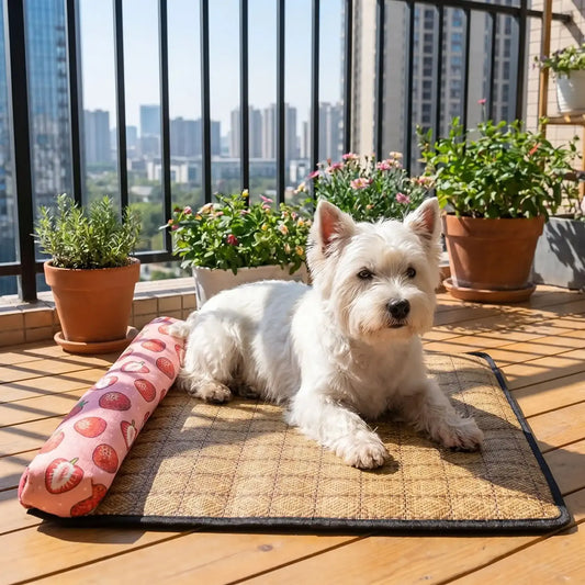 Un west highland sur un balcon en ville est allongé sur son tapis rafraichissant pour chien rose avec motif de fraise.