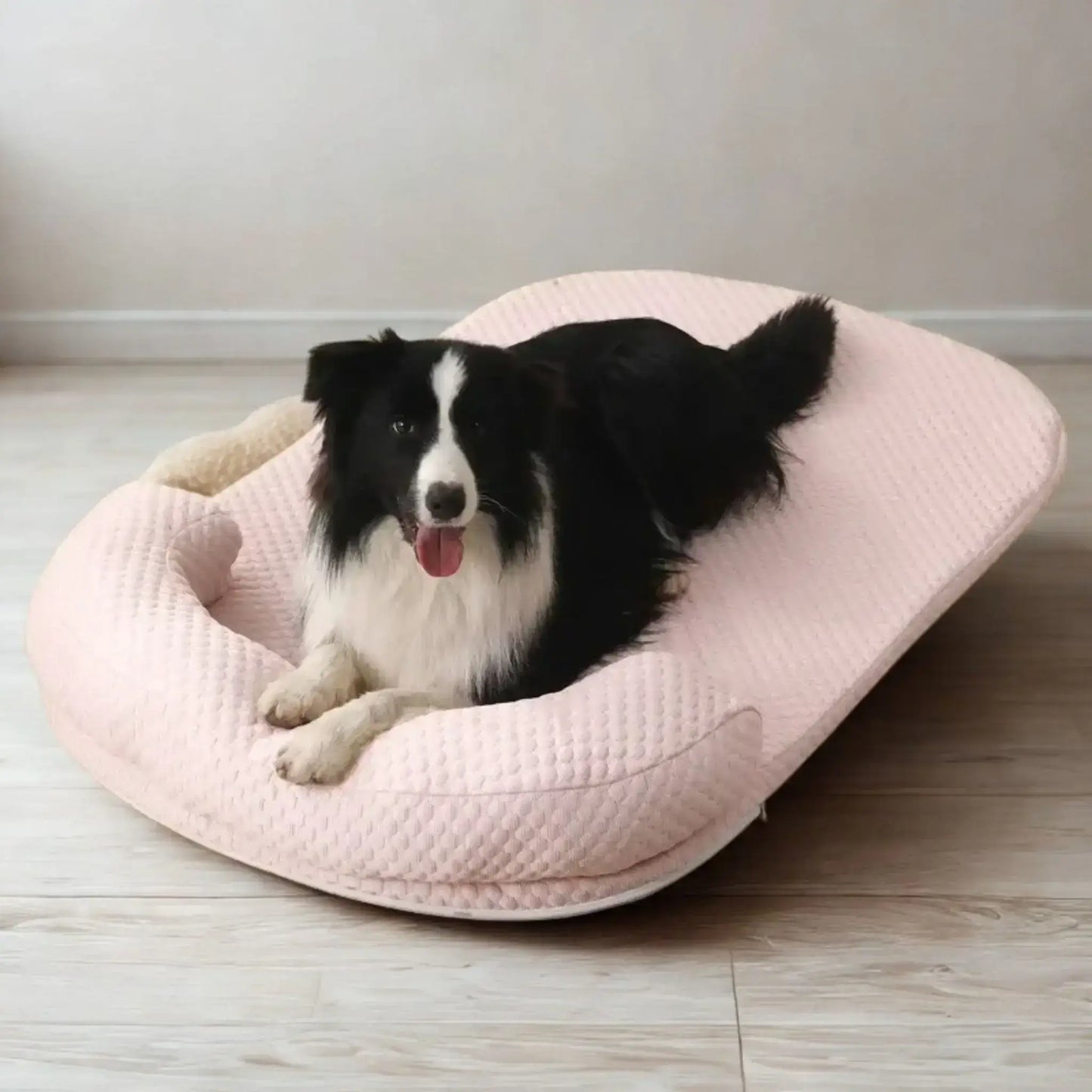 Un border collie allongé sur un tapis rafraichissant pour chien rose.