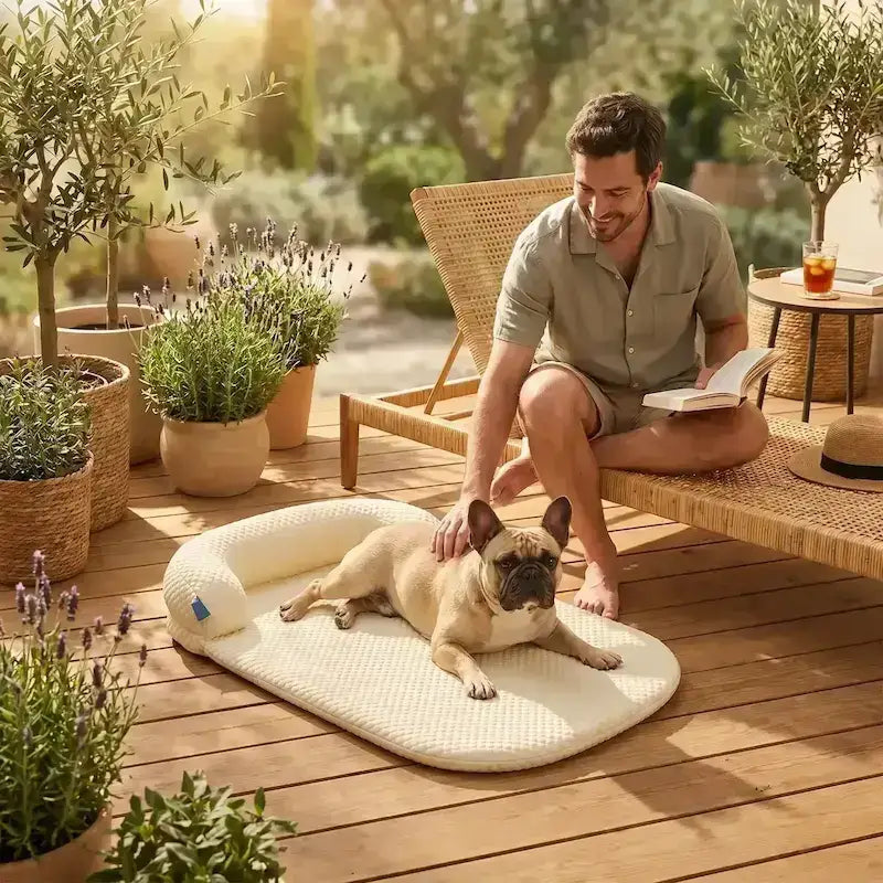 Un homme sur une terrasse caresse son bouledogue français allongé sur un tapis rafraichissant pour chien.