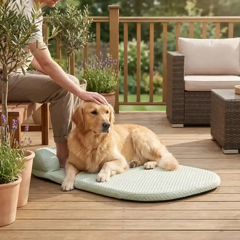 Un homme sur une terrasse caresse son golden retriever allongé sur un tapis rafraichissant pour chien turquoise.