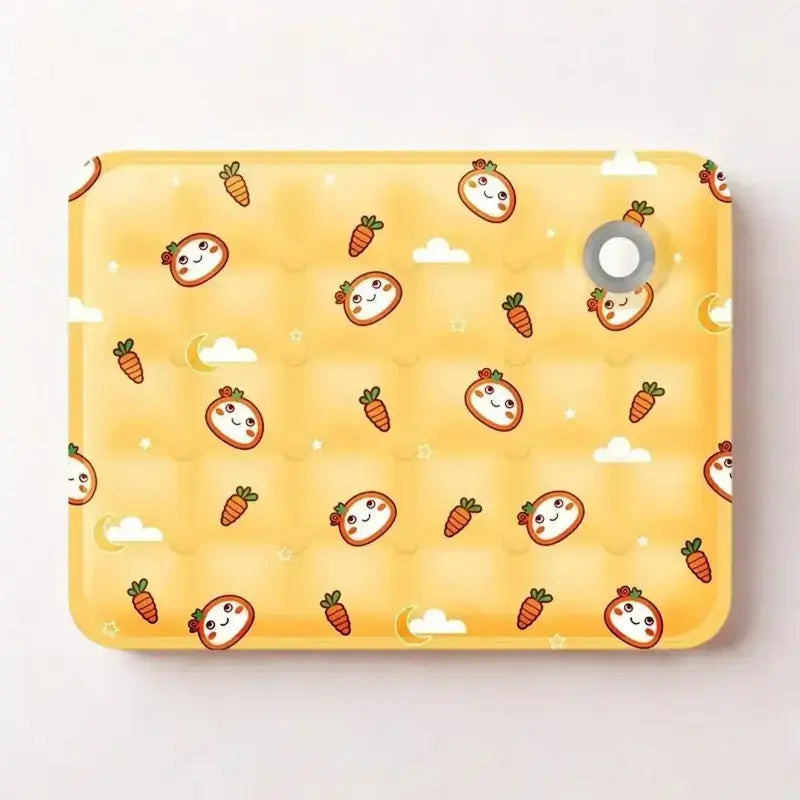 Un tapis réfrigérant pour chien jaune avec motif de carotte.
