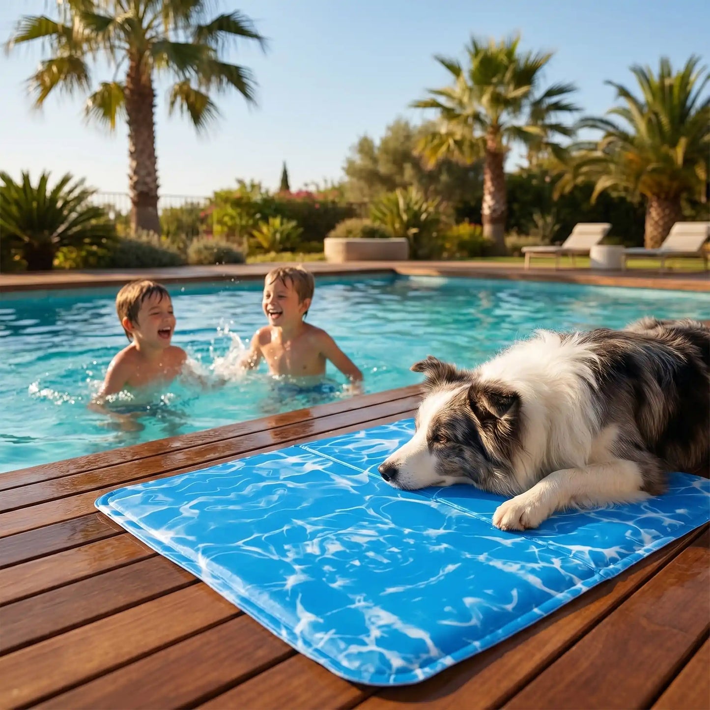 Un berger australien au bord de la piscine avec des enfants est allongé sur son tapis rafraichissant pour chien bleu.