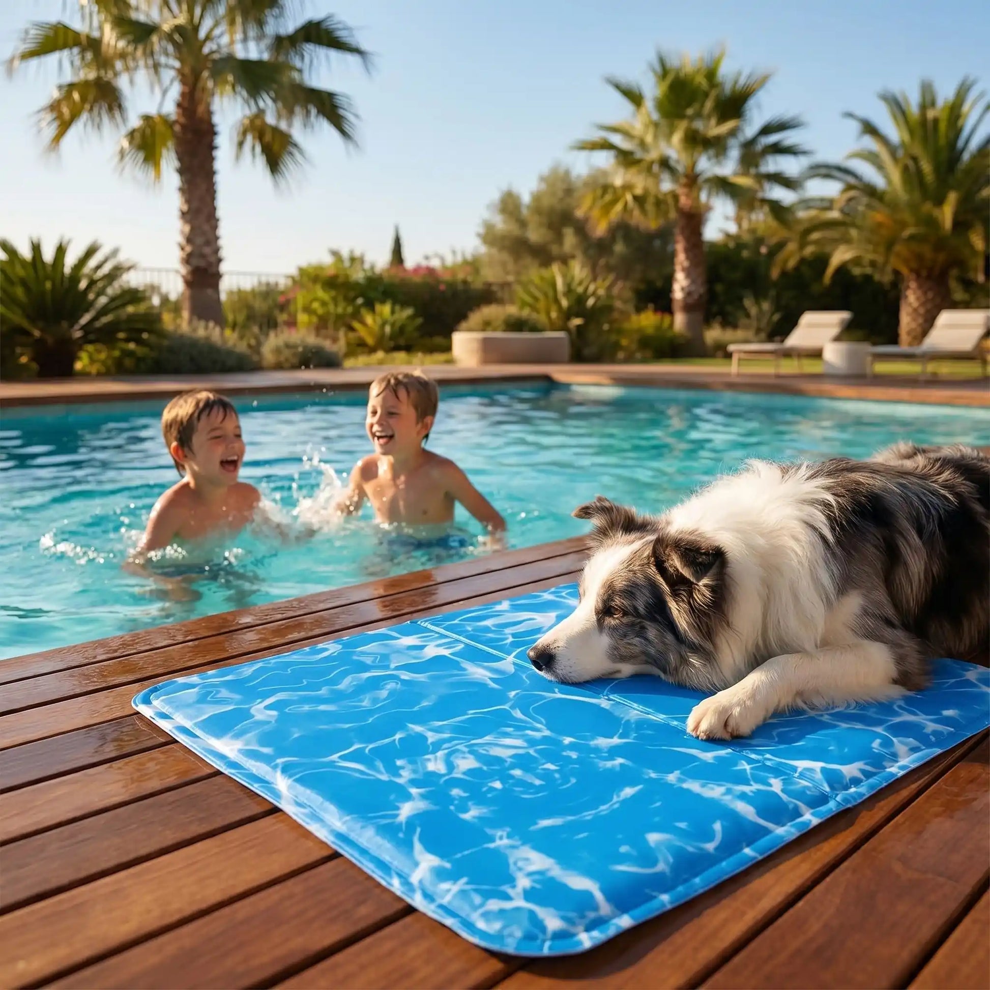 Un berger australien au bord de la piscine avec des enfants est allongé sur son tapis rafraichissant pour chien bleu.