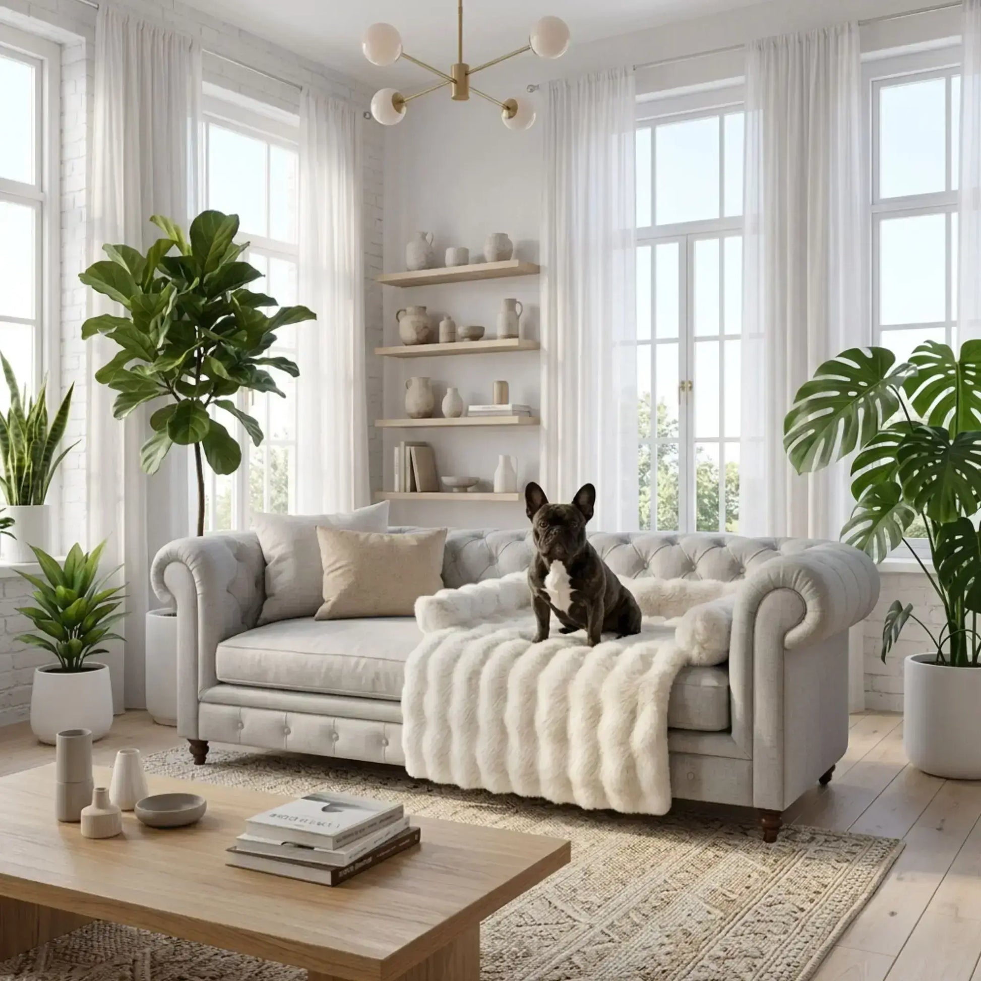 Un bouledogue français assis sur le sofa sur un tapis de voiture pour chien.