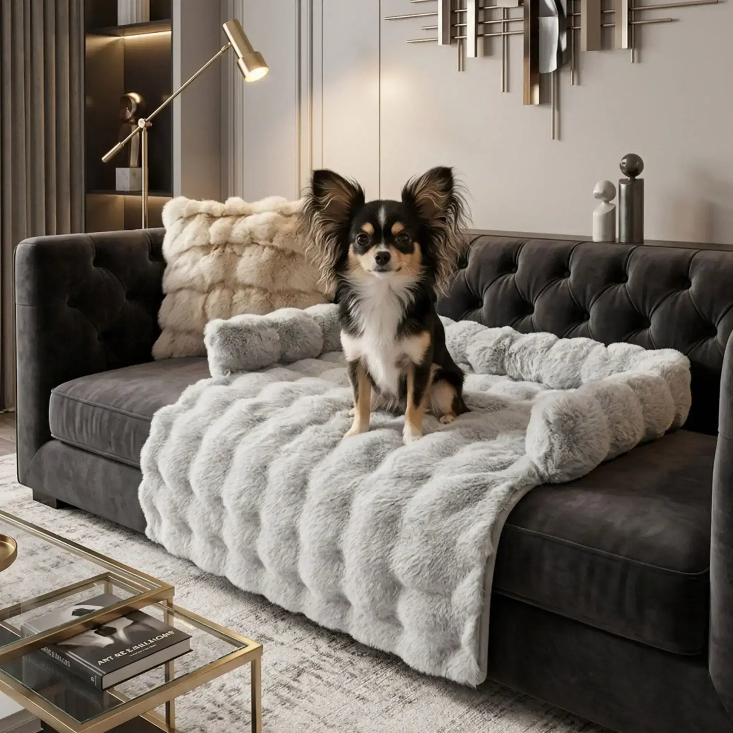 Un chihuahua papillon assis sur un sofa avec son tapis de voiture pour chien qui convient aussi pour le sofa.