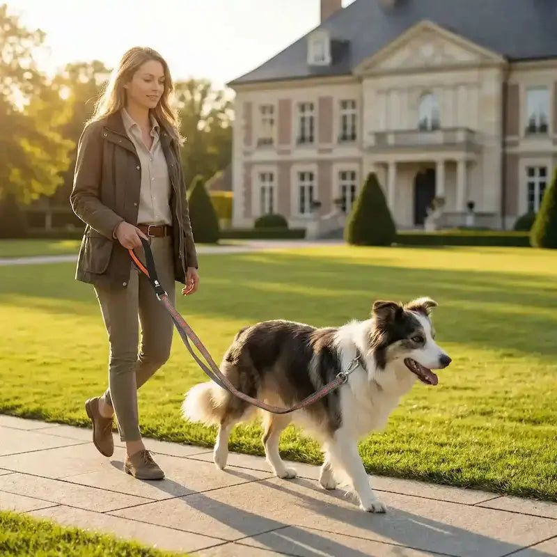 Une femme marche sur un trottoir avec une laisse de chien sur son berger australien.