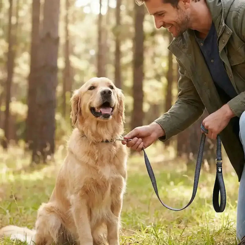 Un homme met en place la laisse de chien sur son golden retriever. 