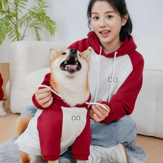Un shiba inu avec sa maitresse est vêtu d'un vêtement pour chien rouge.
