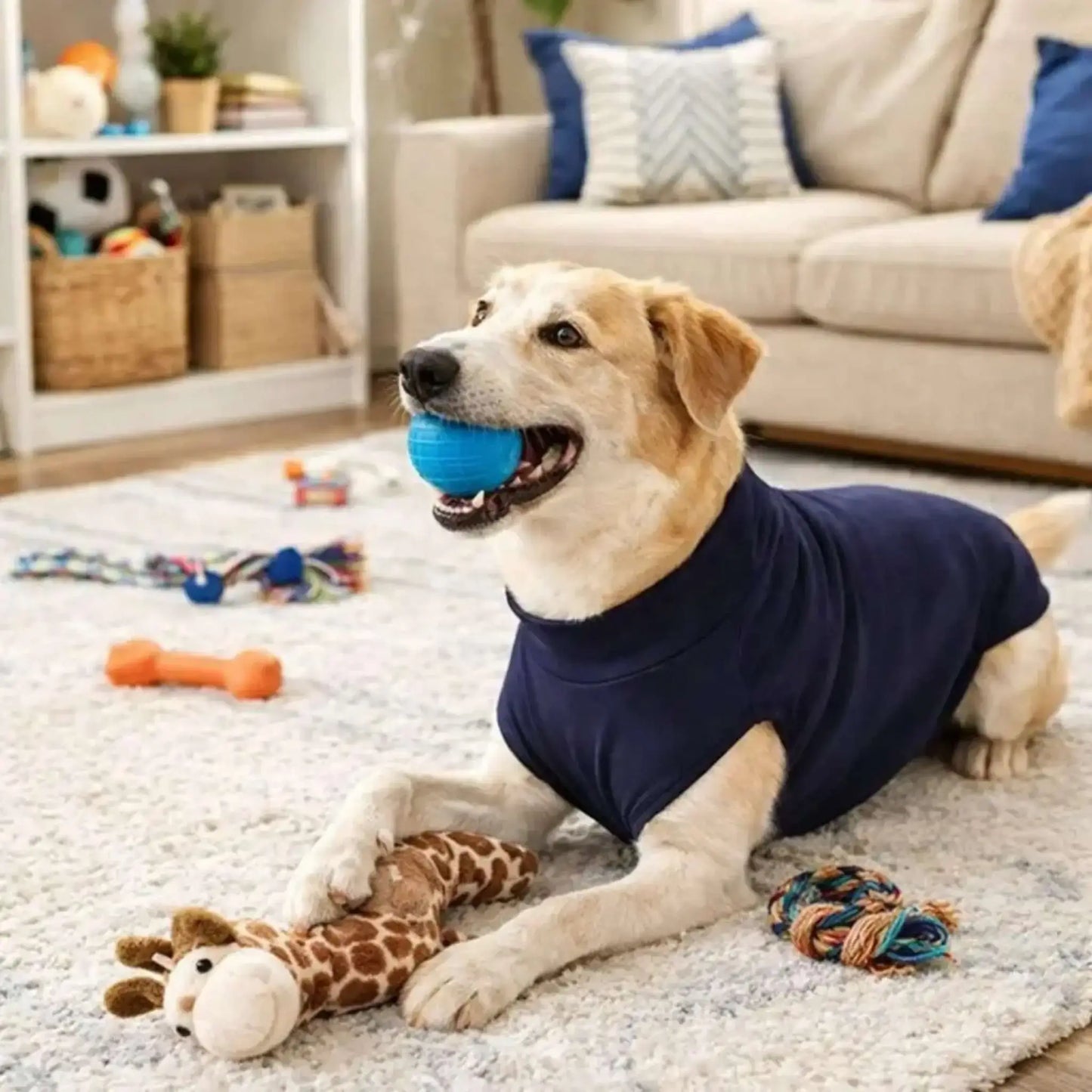Un labrador allongé joue avec ses jouets dans un salon, vêtu d'un vêtement pour chien bleu.