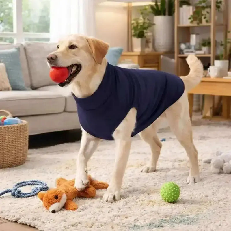 Un labrador joue avec ses jouets dans un salon vêtu d'un vêtement pour chien bleu.