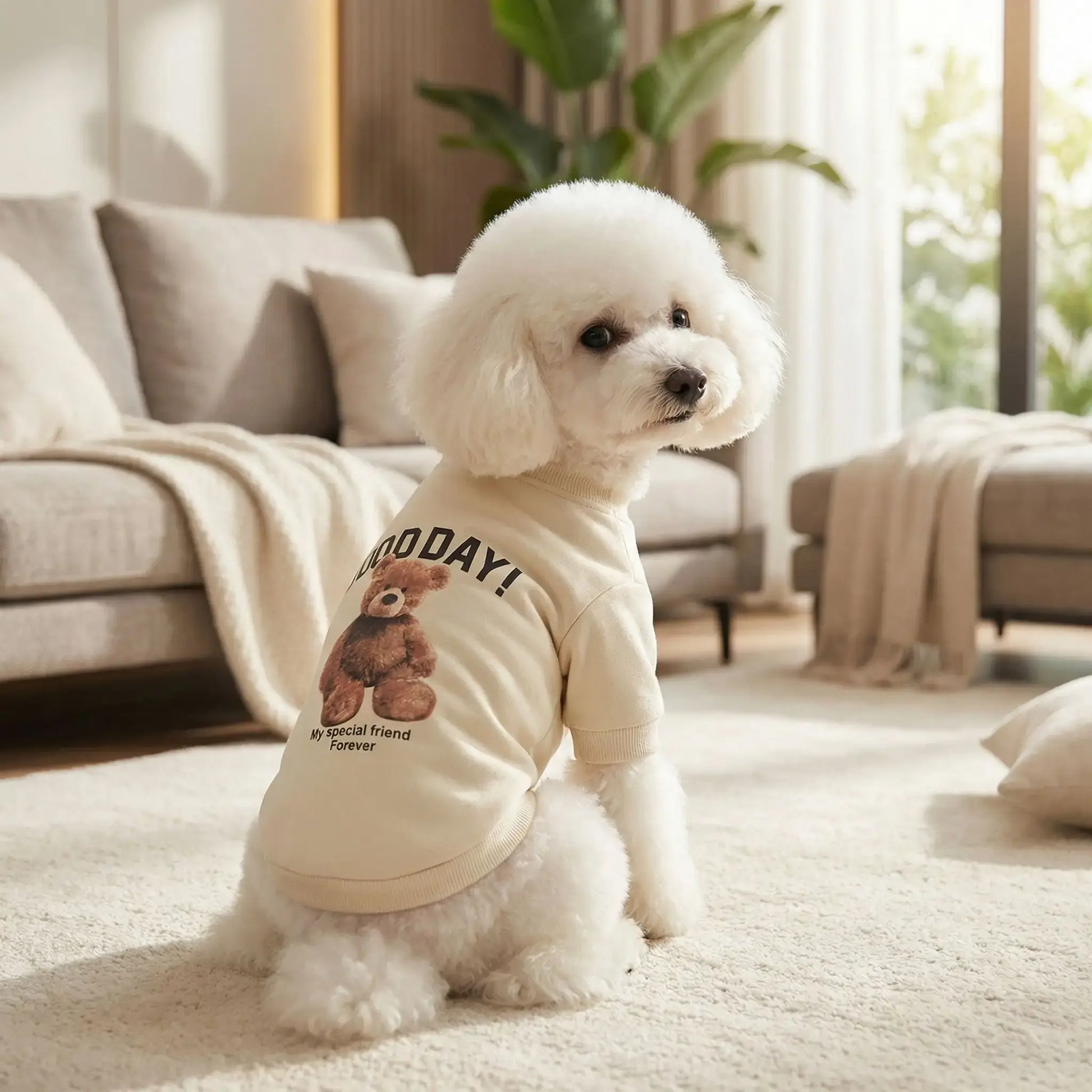 Un caniche vu de dos assis dans un salon avec son vêtement pour chien beige.