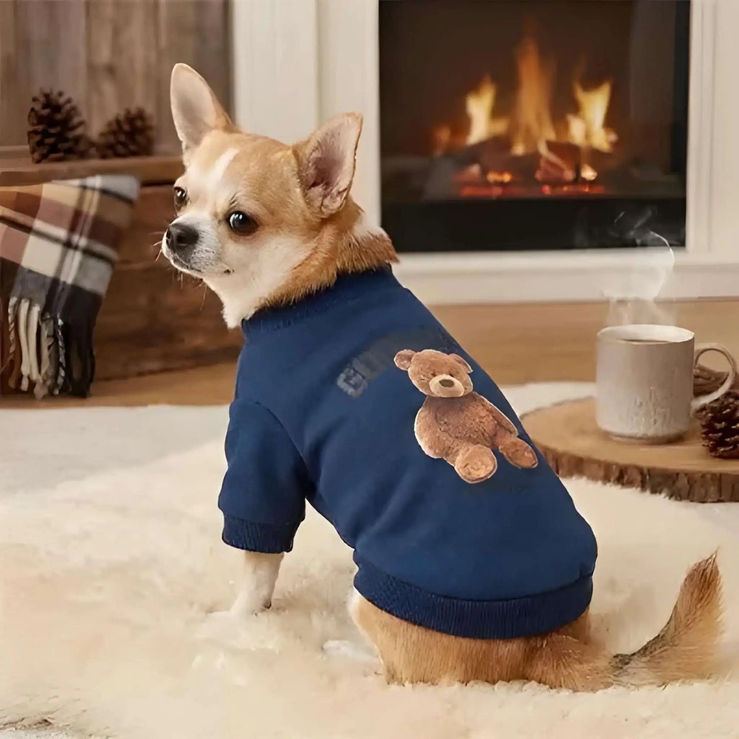Un chihuahua assis dans un salon près du feu avec son vêtement pour chien bleu.