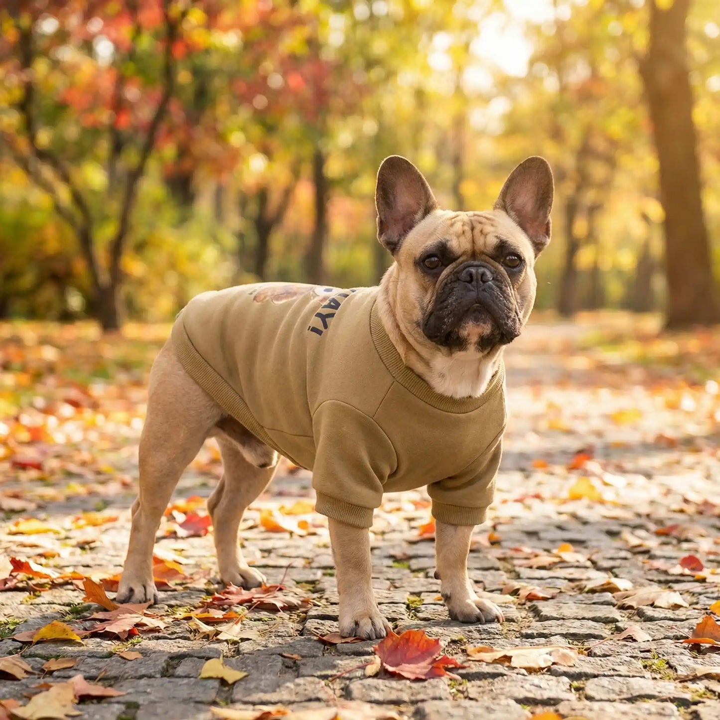 Un bouledogue français sur un trottoir avec son vêtement pour chien kaki.