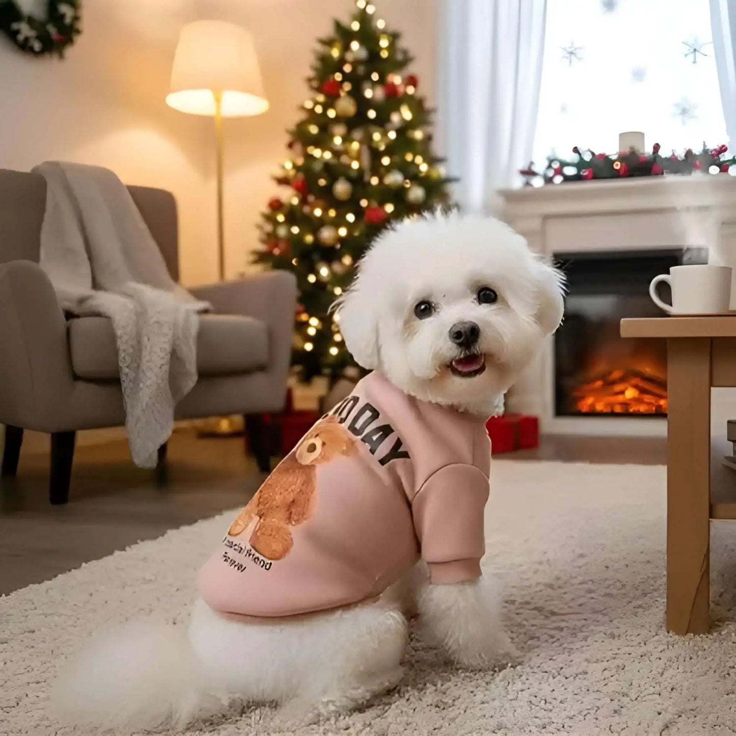 Une vue latérale d'un bichon frisé assis dans un salon avec son vêtement pour chien rose.